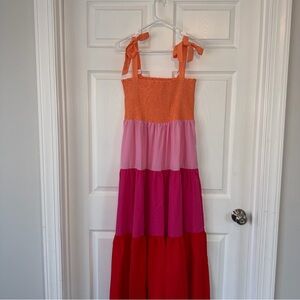 Colorblock Tie-Shoulder Maxi Dress - Orange, Pink & Red